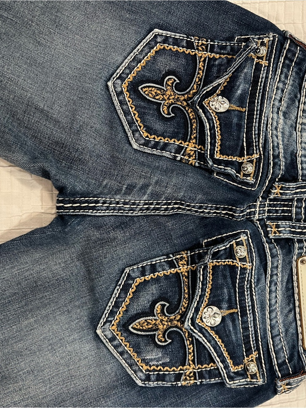 Rock Revival Dark Blue Boot Cut Jeans with Gold Embroidery